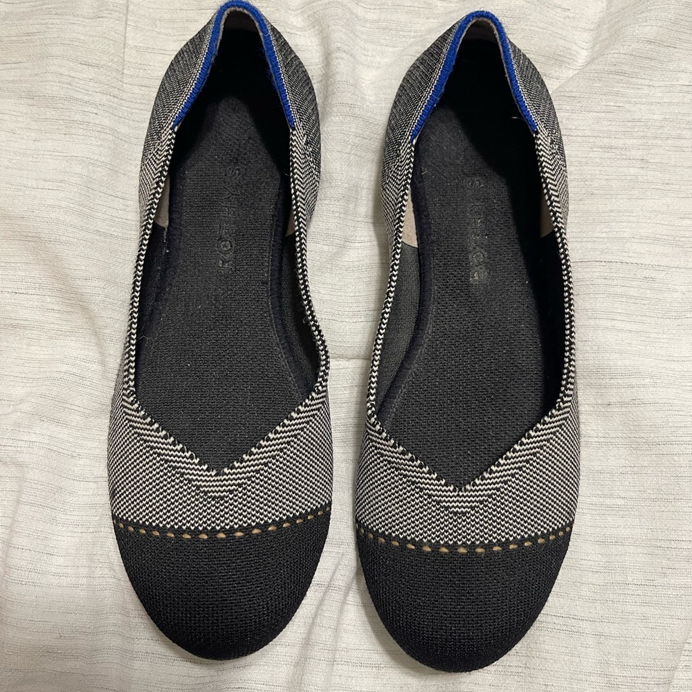 Rothy’s -Black and Gray Flats with Blue Accents
